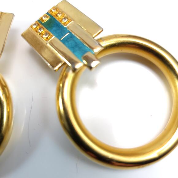 Large Gold Hoop Earrings with Turquoise Accent Retro Statement Jewelry for Women - Picture 5 of 10